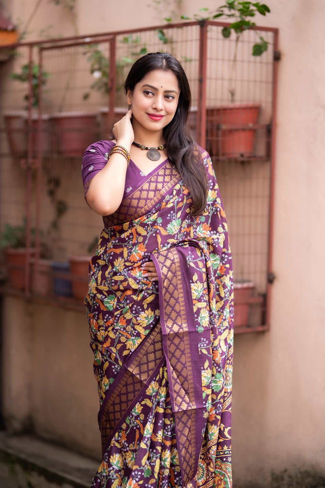 Plum Lilac Handloom Kalamkari Soft Silk Saree